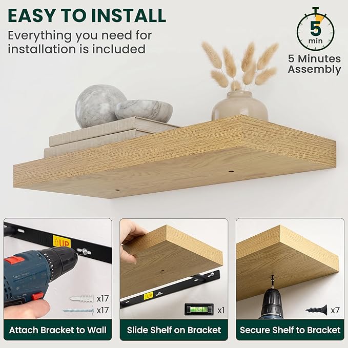 Floating Shelves for Wall 32 in x 9.3 in Deep, Wall Mounted Rustic Wood Shelf with Invisible Brackets for Storage & Display, Living Room Bedroom Bathroom, Oak, 2 Pack