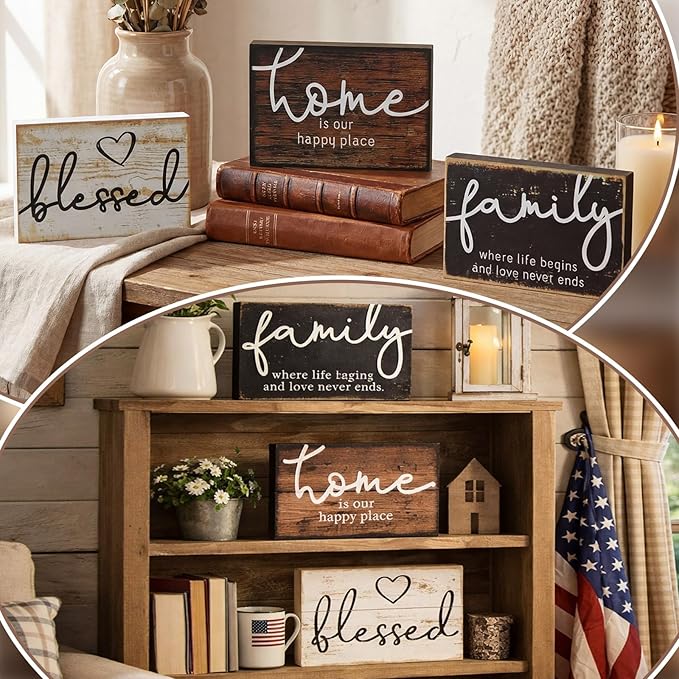 Jetec 3 Pcs Wooden Family Sign Rustic Blessed Home Wall Art Wood Wall Mini Decor Farmhouse Table Shelve Decoration Sign for Bedroom Kitchen Living Room Table Decor (Rustic Color,4.25 x 2.76 x 0.59 in)