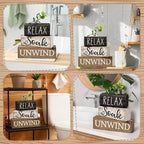 Moucuny 4 Pcs Bathroom Shelf Decor Sign Farmhouse Bathroom Decor and Accessories Rustic Eucalyptus Leaves Wood Block Sign Gift Relax Soak Unwind Farmhouse Table Centerpiece for Home Toilet