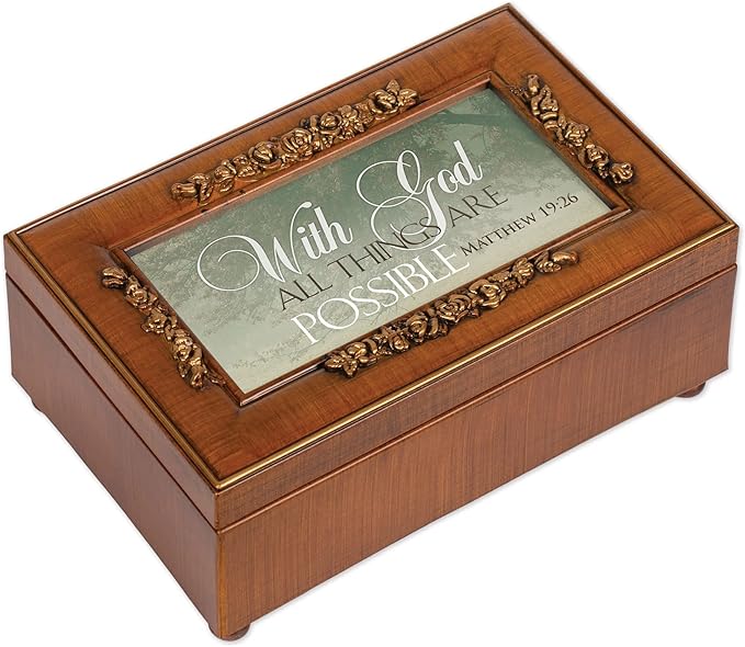 Cottage Garden with God All Things are Possible Woodgrain Embossed Jewelry Music Box Plays Amazing Grace