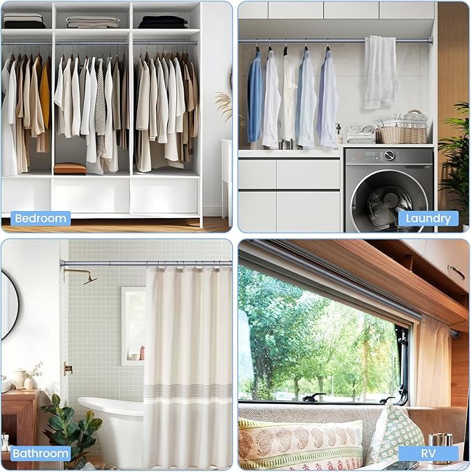 Closet Rods for Hanging Clothes, 17 to 39 Inches No-Cut Stepless Adjustable Closet Rod, 1.3 Inches Expandable Metal Heavy Duty Closet Hanging Rod for Closet Wardrobe Bathroom Laundry RV, Silver