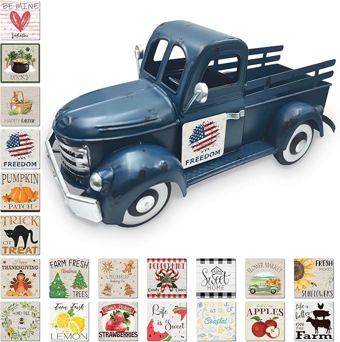 4th of July Decorations 13.4 Inch Farmhouse Vintage Truck with 20 Magnets Sign Interchangeable Seasonal Decor Rustic Metal Pickup Independence Day Patriotic Centerpieces for Home, Dark Blue