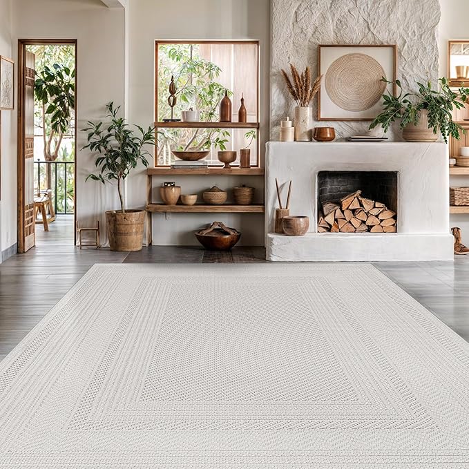 Micro Loop Indoor Rug White 9x12 Boho Geometric Neutral Area Rugs for Living Room Soft Luxury Modern Low and High Pile Durable Stain Resistant Non-Shedding Indoor Area Carpet 9 x 12