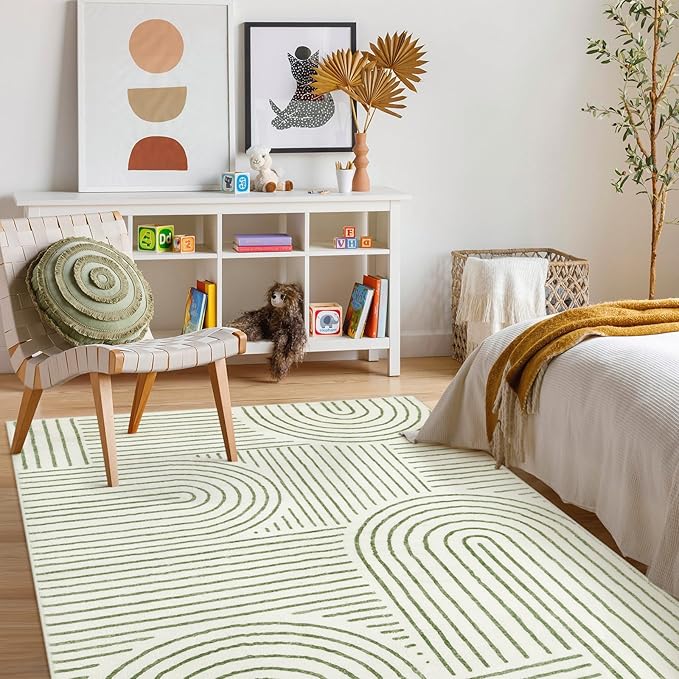 Lahome Abstract Washable Area Rug 5x7, Soft Bedroom Rug Ultra-Thin Non Slip Green Rugs for Living Room, Modern Accent Rug Large Carpet for Dining Room Office(5'x7',Green)