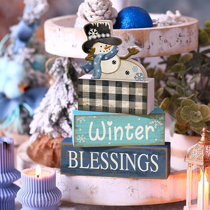 Moucuny 4 Pcs Winter Table Decorations Playful Snowman Decor Indoor Winter Tiered Tray Decor Rustic Wooden Decorative Snowman Block Sign Gift Snowflake Centerpiece Farmhouse for Home Kitchen