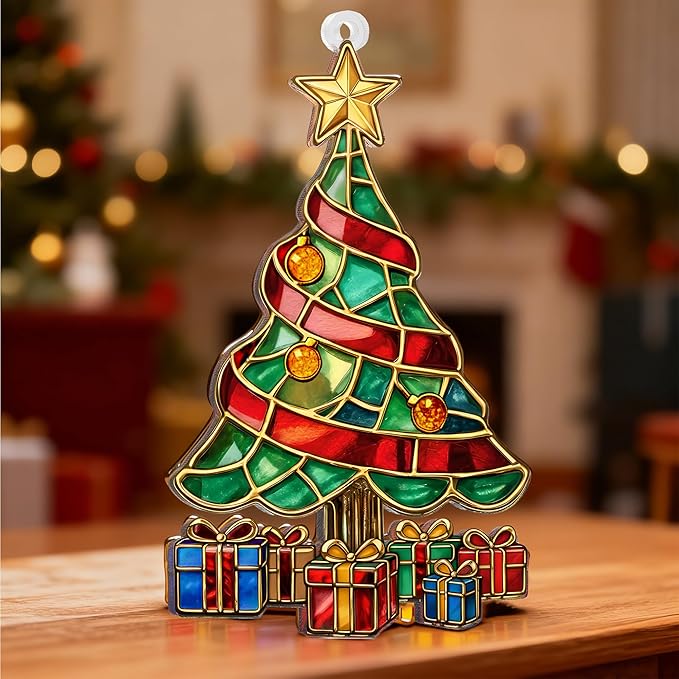 2025 Christmas Ornaments, Christmas Tree Ornaments Acrylic, Faux Stained Glass Effect White Elephant Gifts Exchange, Unique Suncatcher Xmas Stocking Stuffers for Women, Men (Gift Tree)