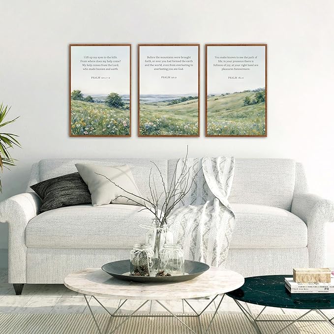 KAlRNE Natural Christian Framed Canvas Wall Art Set of 3(16”X24”),Religious Bible Verse Wall Decor,Vintage Inspirational Scripture Painting,Botanical Green Art Prints For Living Room Bedroom Church