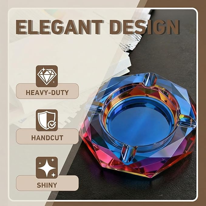 Coomin 5.9in Large Crystal Glass Ash Tray, Sparkly Cigarettes Cigar Ashtray, Ashtrays for Smokers Indoor Office Home Desktop Tabletop, Unique Luxury Gifts for Men, Blue