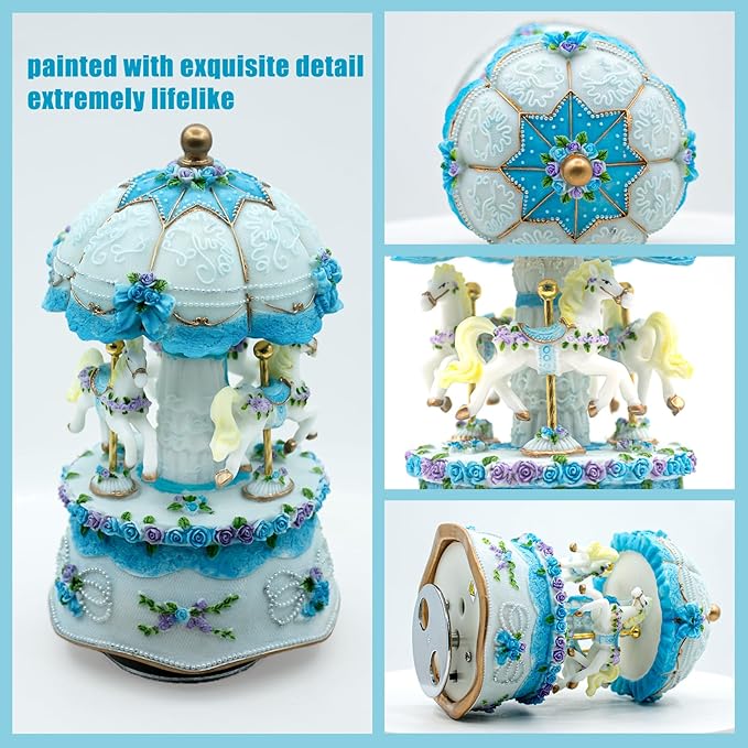 Carousel Music Box，Luxury Color Change LED Light Music Box,Luminous Rotating 3-Horse Musical Box with Gift Box for Girls Birthday Valentine Gift (Castle in The Sky, Blue)