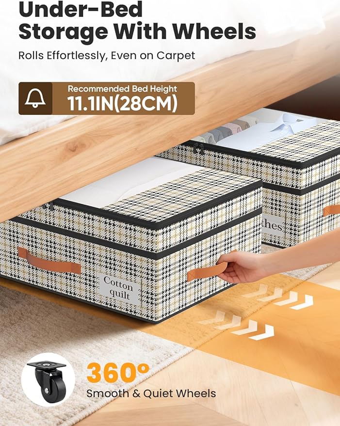 2-Pack Under Bed Storage with Wheels and 6 Vacuum Seal Bags, Adjustable Height 7.9"-10.2",Heavy Duty Capacity, Clear Lid Organizer for Dorm Bedroom Clothes Shoes Books,Quick Assembly Space Saver