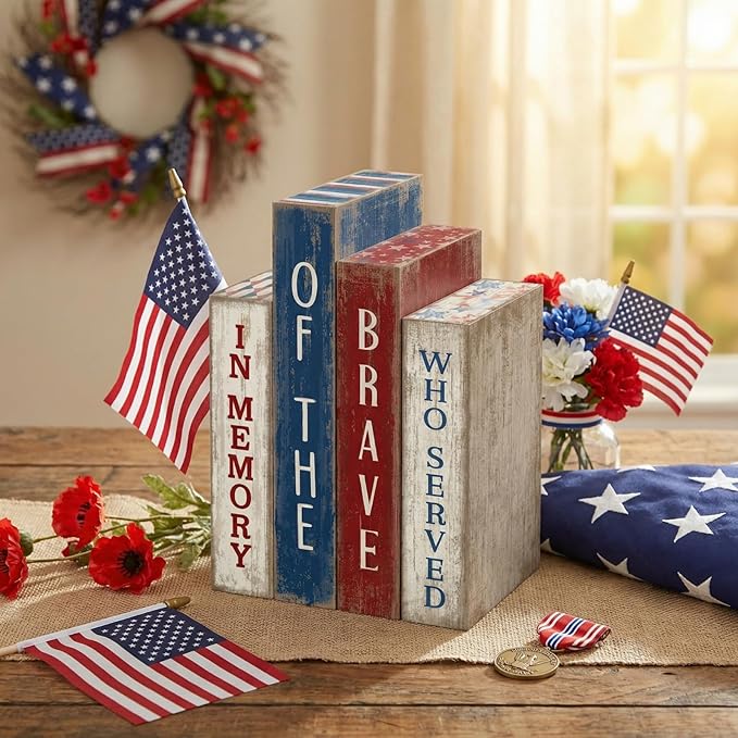 Lineshading 4 Pcs 4th of July Table Decoration Memorial Day Wooden Book America Decor Patriotic Tiered Tray Decor Red White Blue Block Sign for 250th Anniversary Independence Day Home Shelf Coffee Bar