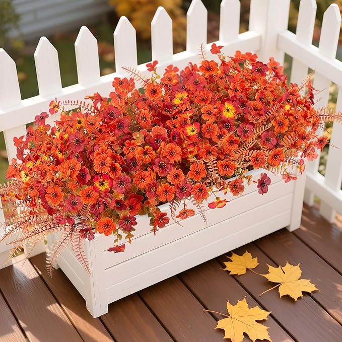 12 Bundles Fake Mums Fall Flowers Artificial for Outdoors Decoration Artificial Mums Faux Plants Daisy for Outdoor Outside Planters UV Resistant Violets for Fall Decor Home Porch Door Front Patio Yard