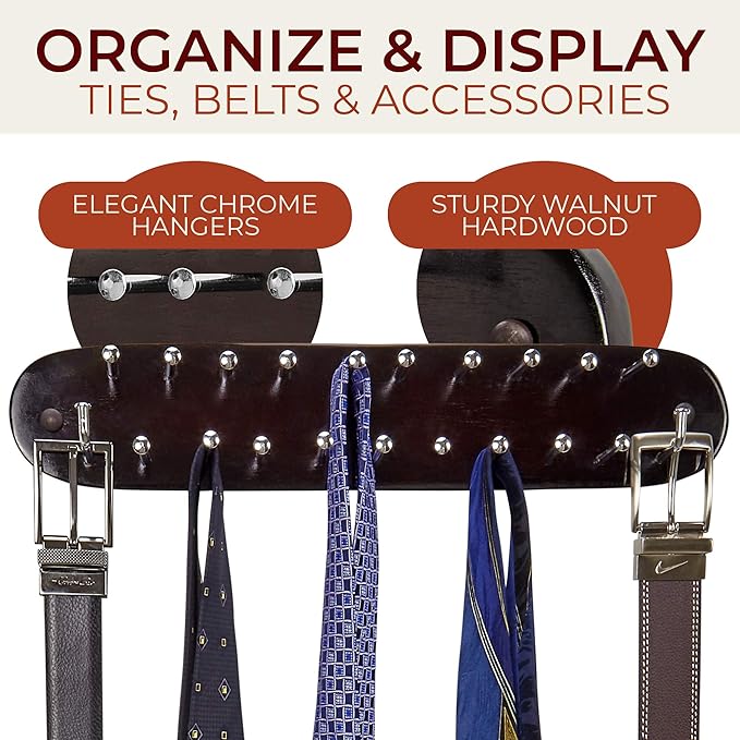 Richards Homewares Tie Rack Wall Mounted - Wood Tie Organizer for Closet 21 Chrome Hooks Storage and Organization Hnager Walnut