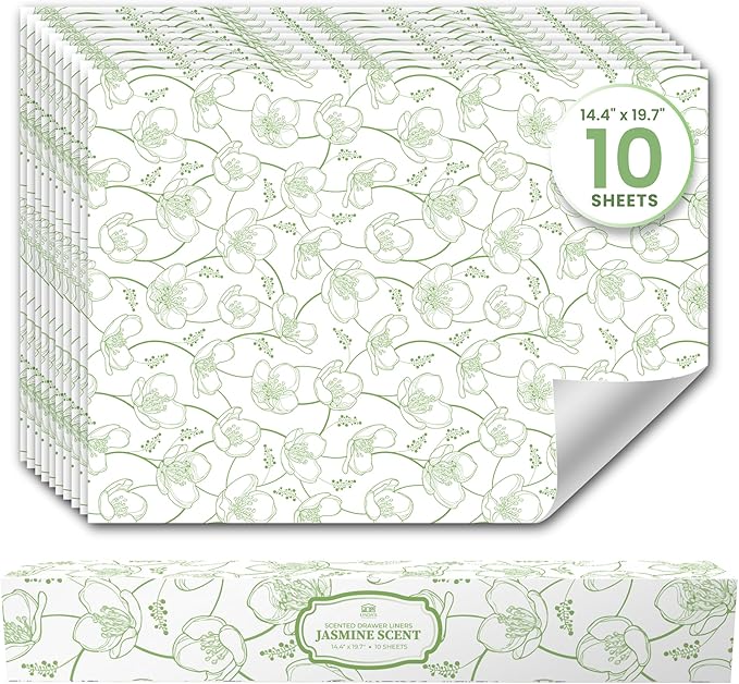 Jasmine Scented Drawer Liners for Dresser Drawers (10 Large Sheets, 19.7" x 14.4") - Non Adhesive Drawer Paper Liner for Bedroom Dresser & Closet Shelves by Linda’s Essentials