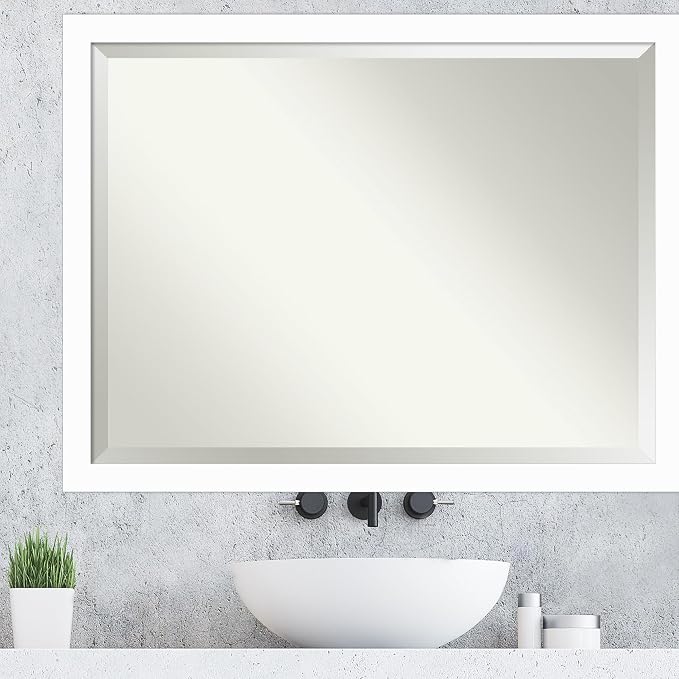 Amanti Art White Wall Mirror 33x43 Basic White Narrow Rectangle Bathroom Mirror for Wall Decor Living Room, X-Large Casual Wood Frame, Hangs Horizonally and Vertically, Bathroom Decor, Beveled Edge