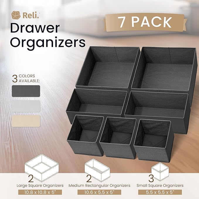 Reli. Drawer Organizer for Clothes (7 Pack) | Gray Dresser Organizer for Clothing | Foldable Fabric Drawer Bins for Bras, Nursery, Baby Clothes, Underwear, Socks | Dresser Storage Dividers