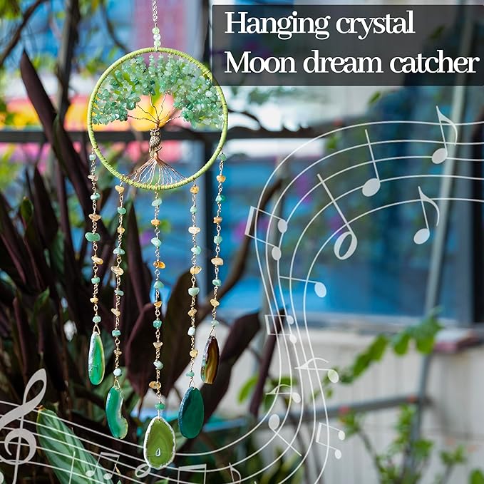 Green Tree of Life Dream Catchers with Agate Pendant Natural Dream Catchers for Aunt Wall Decor Handmade Dreamcatcher Wall Hanging Ornament for Bedroom Living Room Home Decor