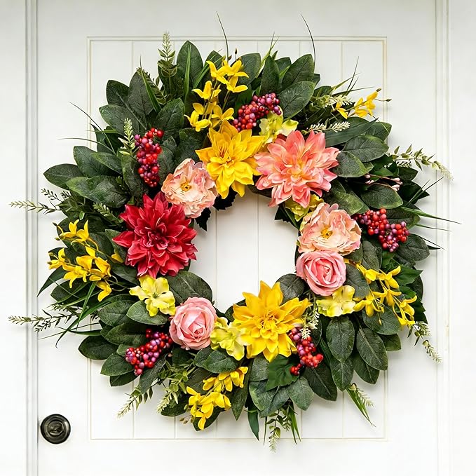 Spring Summer Eucalyptus Wreaths for Front Door Outside 24Inch Door Yellow Daisy Wreath with Sunflower Peony Dahlia Green Leaves for All Season Indoor Outdoor Home Farmhouse Porch Wall Window Decor