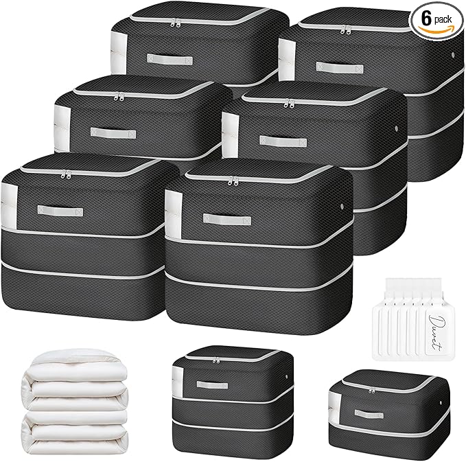 Comforter Storage Bag - 110L Large Capacity Blanket Storage Bags 2-Layer Ultra Space Saving Self Compression Organizer, Washable Compression Bags for Storage Comforter Blanket, 6-Pack, Black