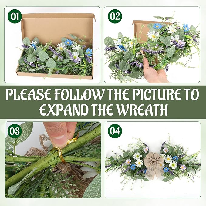 2 Pcs Spring Floral Teardrop Swags 24" Wildflower & Daisy Swag Decor with Linen Bows, Artificial Summer Greenery Swags for Door, Wall, Mantel, and Wedding Decor