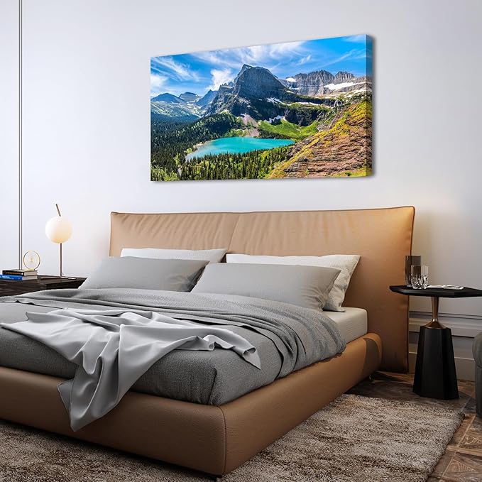 Mountain Canvas Wall Art Teal Saint Mary Lake Landscape Wall Decor Glacier National Park Canvas Poster Modern Nature Scenic Painting Artwork for Living Room Bedroom Office Home Decorations 24x48"
