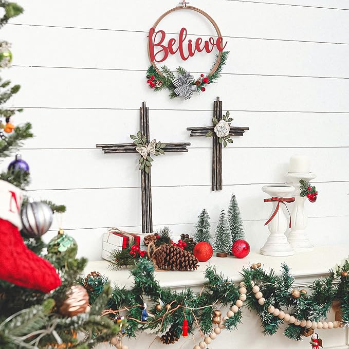 Synovana Wall Cross, Rustic Metal Cross Wall Decor with Butterfly & Leaves, Inspirational Christian Wall Crosses for Home Decor, Crucifix Gift