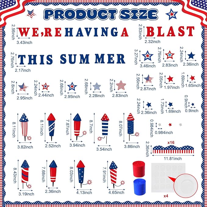 Epakh 4th of July Bulletin Board Decorations Set DIY Patriotic Fireworks Cutouts with Red Blue Crepe Paper Rolls, Independence Day Classroom Decor for Door Wall Summer School Home Supplies