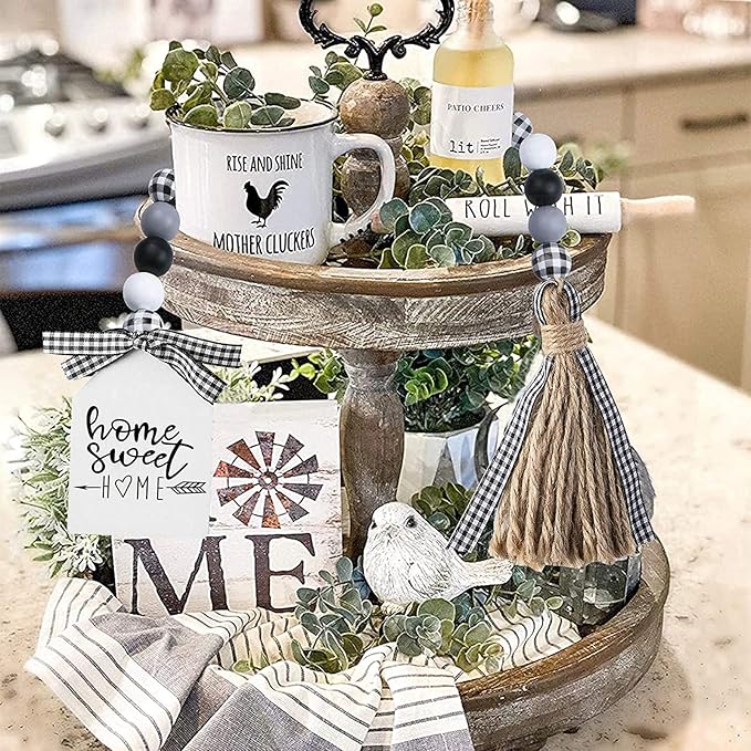 Farmhouse Plaid Wood Bead Garland with Tassel 40inch Hanging Decor Home Decorative Home Sign for Farmhouse Tiered Tray Wreath