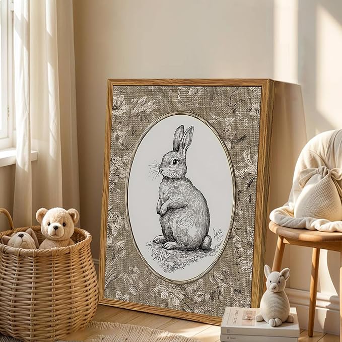 Framed Vintage Rabbit Wall Art, Cute Easter Bunny Pictures Wall Decor, Rustic Farmhouse Animal Paintings Canvas Prints Cottagecore Home Decor for Nursery Living Room Bedroom 12x16 inch