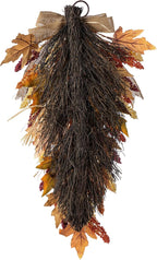 Glitzhome 28'' Artificial Fall Teardrop Swag, Autumn Harvest Multi-Colored Sorghum Door Swag, Hanging Flower Wreath for Thanksgiving Fall Front Door Window Wall Decor