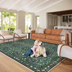 Floral Dark Green Area Rugs 8x10, Soft Washable Non-Slip Boho Forest Large Rug for Living Room, Bedroom, Farmhouse Dining Room & Office