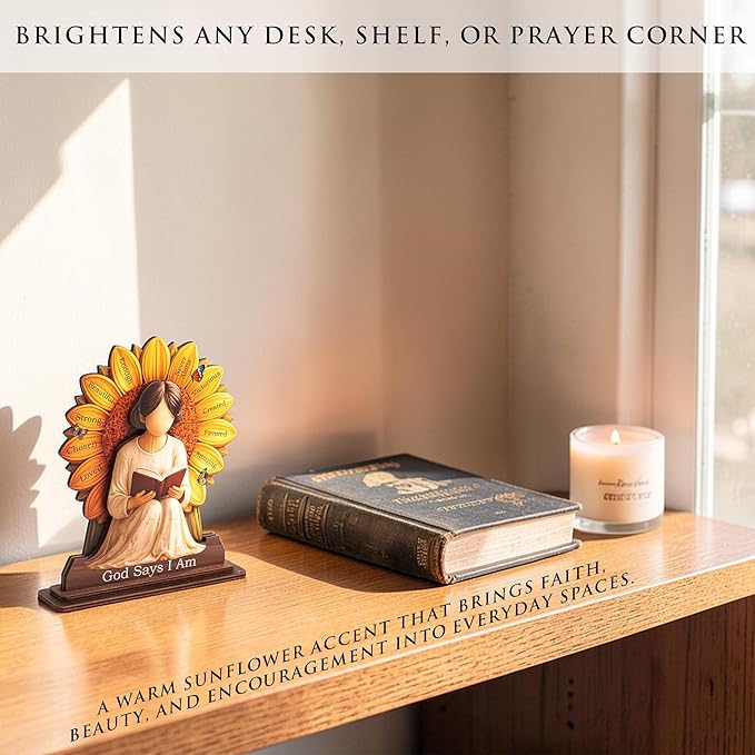 Christian Gifts for Women, God Says I Am Sunflower Desk Decor, Inspirational Religious Gifts for Women, Bible Verse Tabletop Sign for Office Desk, Home Prayer Room, Faith Based Gift for Her