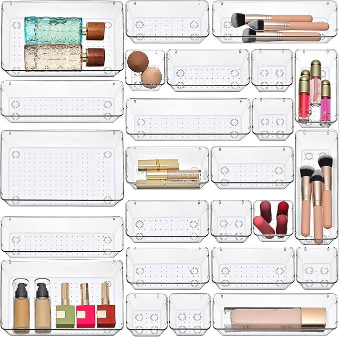 Masirs Clear Drawer Organizers Set 25 PCS – Plastic Storage Bins for Desk, Kitchen, Bathroom, Vanity – Modular, Stackable, Non-Slip Drawer Organizer Trays for Makeup, Utensils, Office Supplies