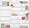 Masirs Clear Drawer Organizers Set 25 PCS – Plastic Storage Bins for Desk, Kitchen, Bathroom, Vanity – Modular, Stackable, Non-Slip Drawer Organizer Trays for Makeup, Utensils, Office Supplies