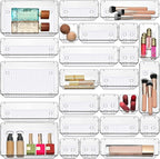 Masirs Clear Drawer Organizers Set 25 PCS – Plastic Storage Bins for Desk, Kitchen, Bathroom, Vanity – Modular, Stackable, Non-Slip Drawer Organizer Trays for Makeup, Utensils, Office Supplies