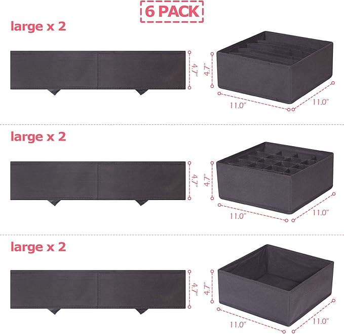 DIOMMELL 6 Pack Foldable Cloth Storage Box Closet Dresser Drawer Organizer Fabric Baskets Bins Containers Divider for Clothes Underwear Bras Socks Lingerie Clothing, Dark Grey 22-2000