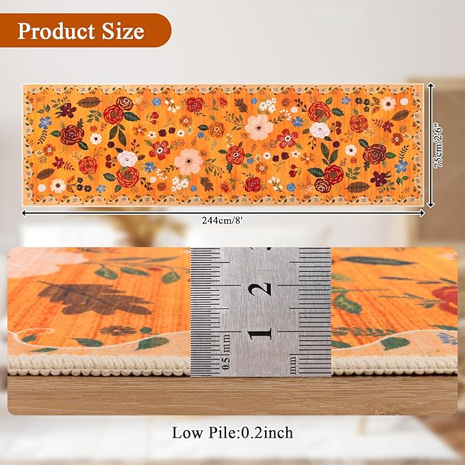 U'Artlines 2'6" x 8' Fall Boho Runner Rug for Hallways Kitchen Colorful Floral Soft Non Slip Washable Floor Carpet Runners for Entryway Laundry Room Bathroom Orange