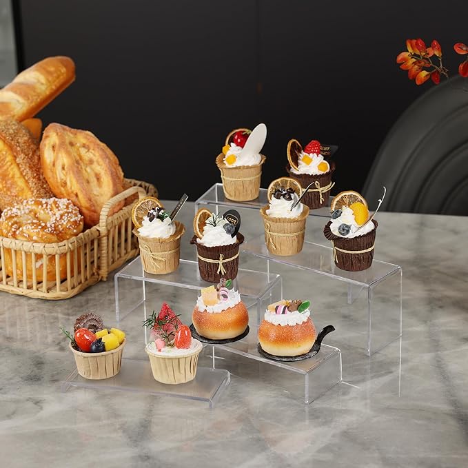Goabroa 2 Sets 10 Pcs Clear Display Risers, Rectangular (7"-8"-9" L) Risers Display Stands, Table Stands for Jewelry, Cupcake, Perfume, Figures