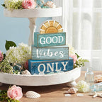 Lineshading 4 Pcs Beach Themed Table Decor Good Vibes Only Wood Block Sign Wooden Sunshine Beach Tiered Tray Decorations Summer Centerpiece Decor Funny Farmhouse Summer Decorations for Home Shelf