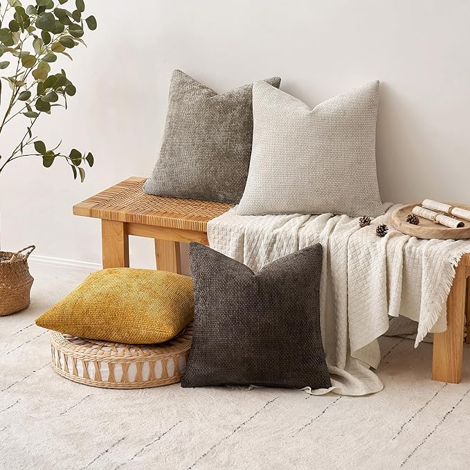 MIULEE Pack of 4 Couch Throw Pillow Covers 16x16 Inch Neutral Gold/Brown Soft Decorative Chenille Pillow Covers Farmhouse Accent Cushion Covers for Boho Home Decor Sofa Bedroom Living Room