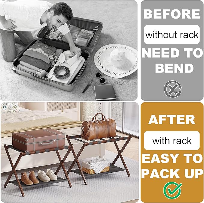 2 Pack Bamboo Luggage Rack for Guest Room, 26.77" Folding Wide Suitcase Stand with Fabric Storage Shelf, Thickened Luggage Stand Holder for Bedroom Hotel, Luggage Rack for Suitcases (2 Pack - Brown)