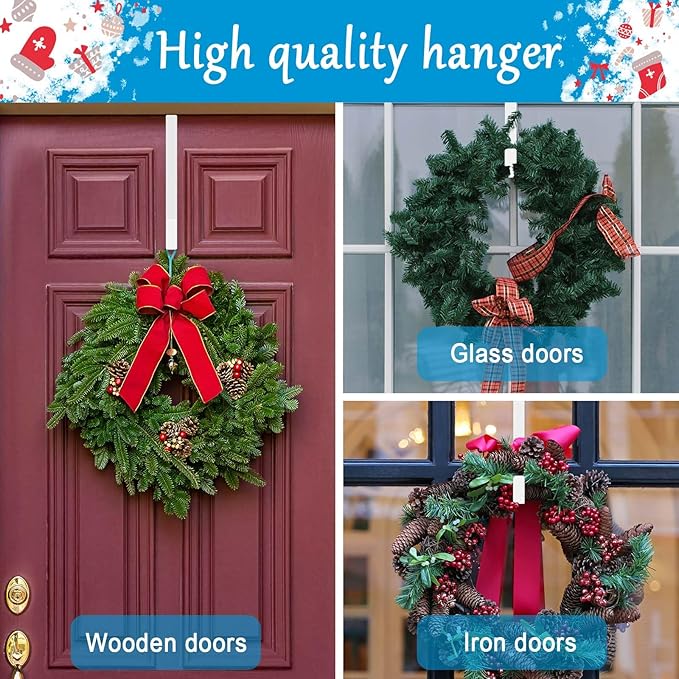4 Pack 12" &15" Wreath Hangers for Front Door, Over The Door Wreath Hanger Halloween Decorations Wreath Hook for Hanging Christmas Easter Fall Decoration, Welcome Sign Holder (White)