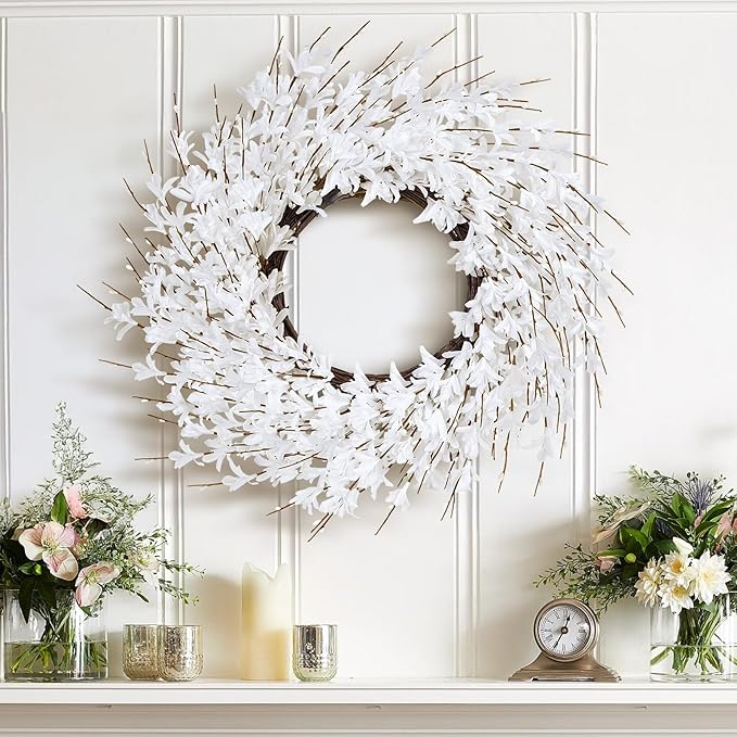GTIDEA 24" Summer Wreaths for Front Door, Artificial White Forsythia Flower Wreath on Grapevine, Floral Wreath for Home Indoor Outdoor Wall Window Garden Porch Farmhouse Summer Door Decor