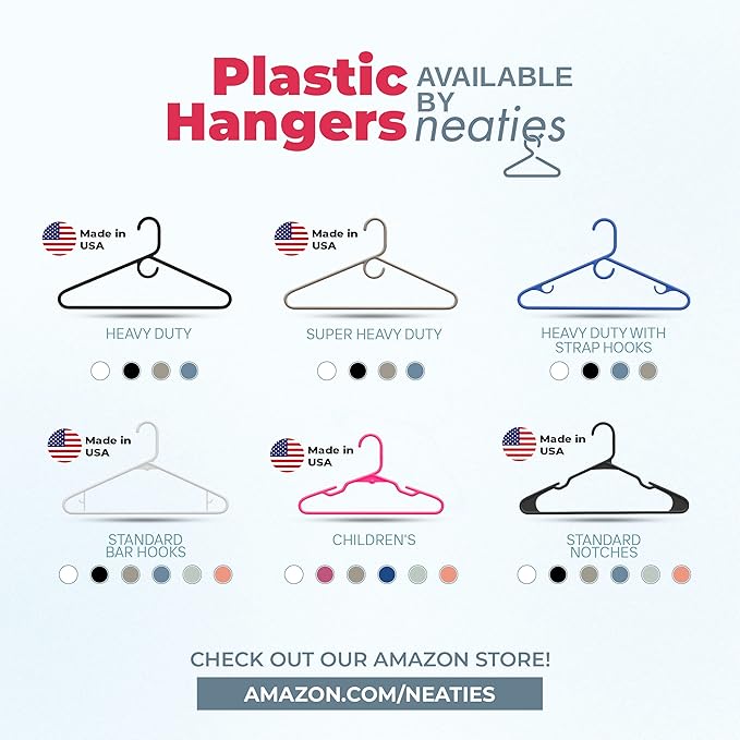 Neaties Plastic Hangers 100 Pack – Made in The USA – 6lb Capacity Standard Clothes Hangers with Strap Hooks for Dresses, Lingerie, Shirts, Pants, and Jackets – White & Pink