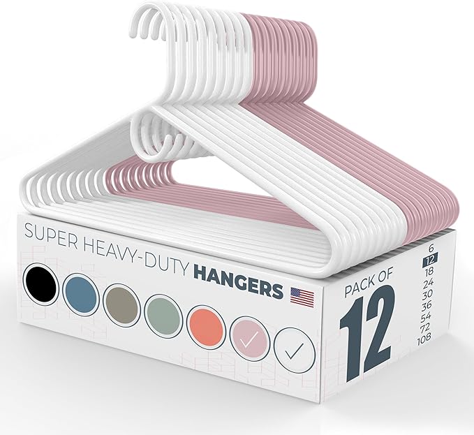 Neaties Super Heavy Duty Clothes Hangers 12 Pack – Made in the USA - 10lb Capacity, Thick Plastic Hangers for Pants, Coats, Jackets, Jeans and Adult Clothing – White & Pink