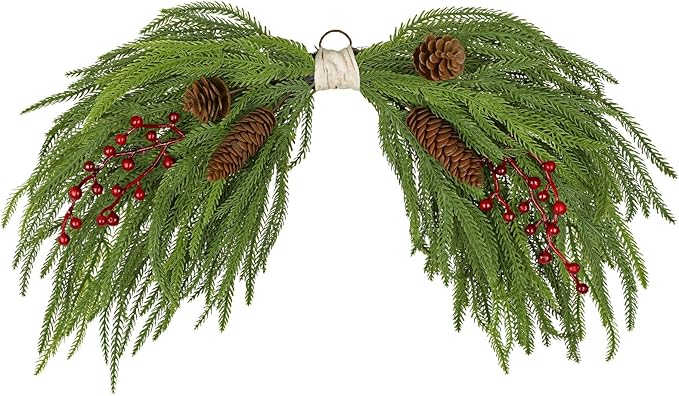 Artificial Christmas Swags with Norfolk Pine, Red Berries and Pinecones, 24" Christmas Thanksgiving Decorations for Front Door, Mantel, Staircase, Window, Xmas Décor