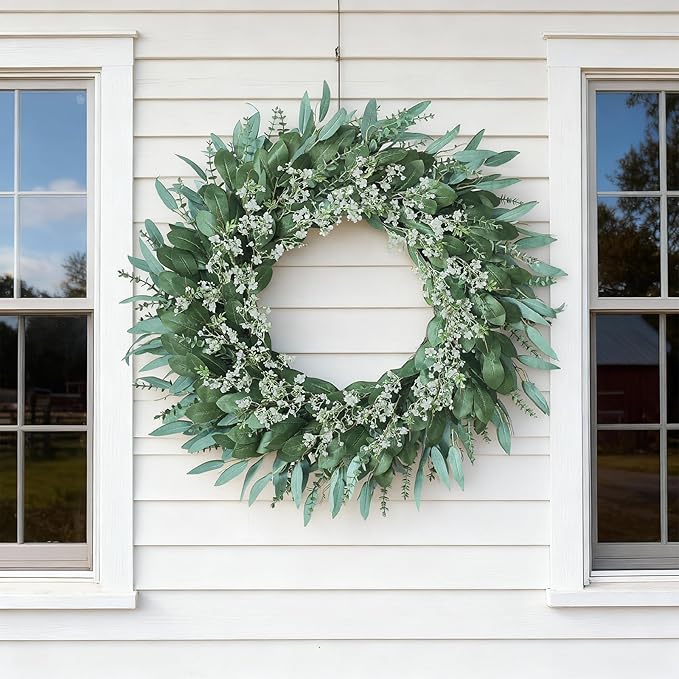 32'' Eucalyptus and Babys Breath Flowers Wreath for Front Door - Large Artificial Greenery Outdoor Wreath for Porch,Window,Farmhouse,Home,Hanging Decor- Spring, Summer, All Seasons (Green-White)