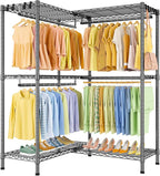 E15 Garment Rack L Shaped Clothes Rack for Corner，Freestanding Clothing Racks for Hanging Clothes，Heavy Duty Closet Organizer with 4 Hanging Rods & 8 S Hooks，43.4" W x 15.8" D x 78.4" H，Grey