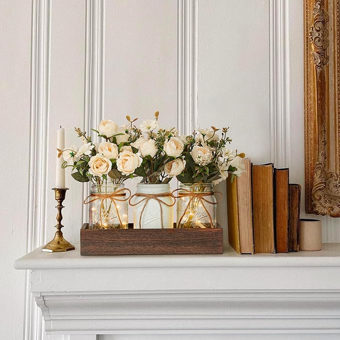 Centerpieces for Tables Coffee Table Centerpiece Decor with Wood Tray for Kitchen Decor Home Living Room Decor Rustic Farmhouse Decor,White