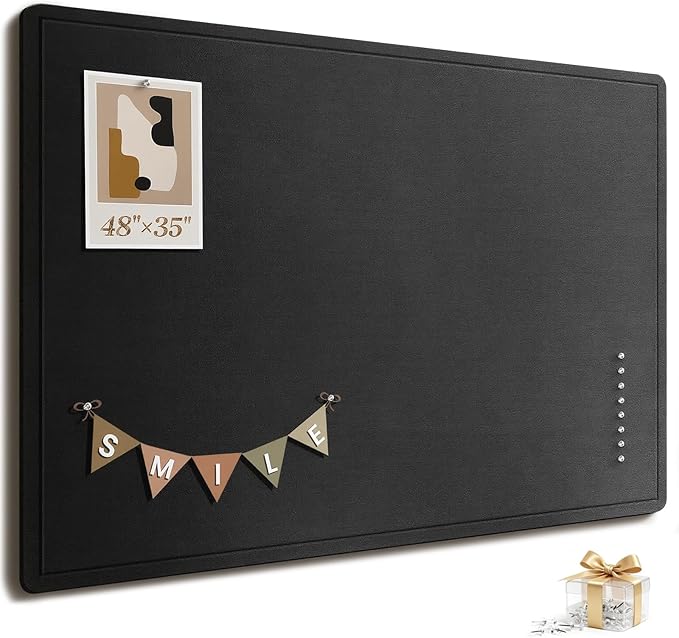 Large Bulletin Board, 48 X 35 Inches Felt Cork Board with 40 Pushpins, Foldable Felt Notice Pin Board Photo Display Board with Self-Adhesive Tape for Office Home School (Black, 48x35 inch)